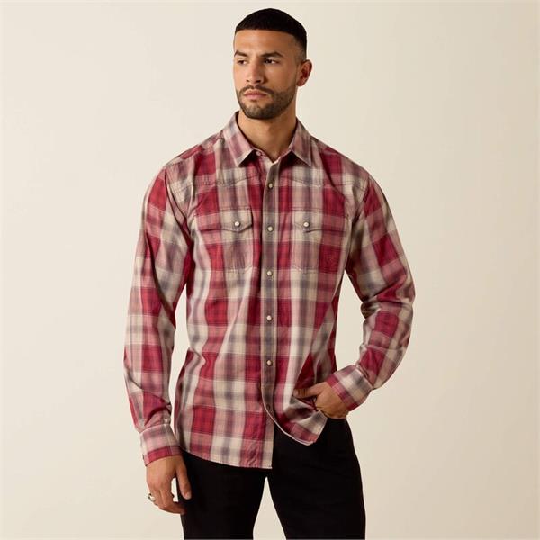 Ariat Mens Retro Hawthorne Fitted Snap Shirts - Brick Red Plaid  Image 1