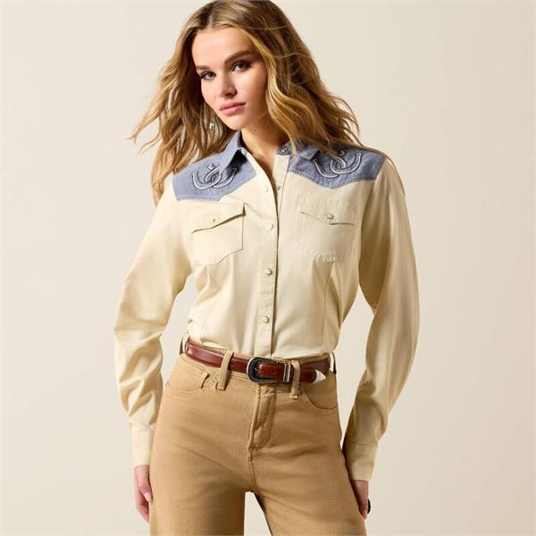Ariat Womens Horseshoe Western Snap Shirts - Summer Sand / Chambray Image 1