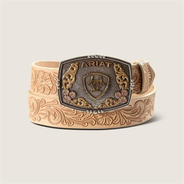 Ariat Womens Floral Emboss Leather Belts with Plate Buckle - Natural Image 1