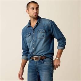 Ariat Mens Denim Retro Fit Shirt - Stone Wash - XXL thumbnail 