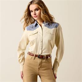 Ariat Womens Horseshoe Western Snap Shirt - Summer Sand / Chambray - SML thumbnail