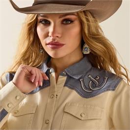 Ariat Womens Horseshoe Western Snap Shirts - Summer Sand / Chambray Thumbnail Image 3