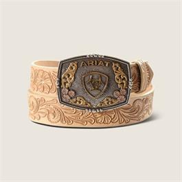 Ariat Womens Floral Emboss Leather Belt with Plate Buckle - Natural - SML thumbnail